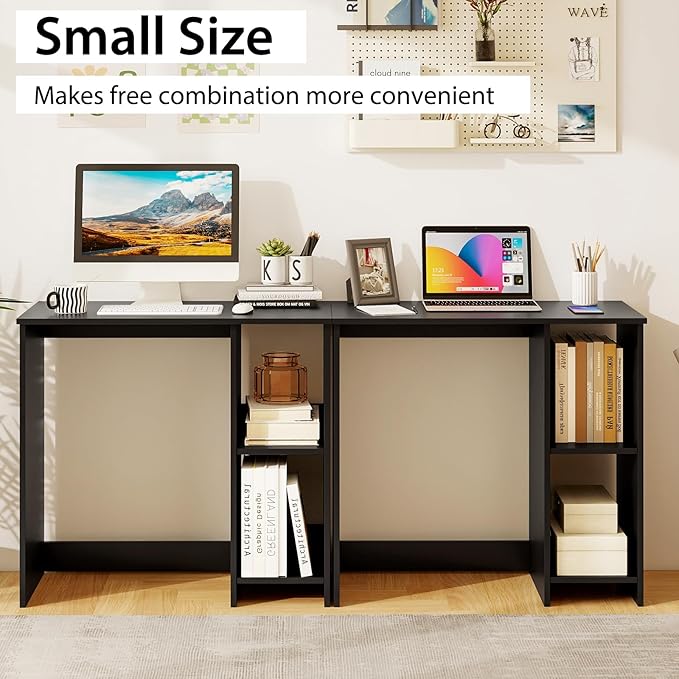 Black Computer Desk Modern Writing Desk with Storage Shelves Compact Gaming Table Wood Home Office Desks Small Desk for Bedroom Living Room Study (Black)