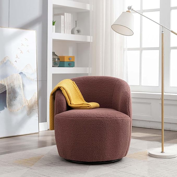 Swivel Barrel Chair with Foam FilledSwivel Accent ChairComfy Backrest Teddy Round Swivel Chair for Living Room (Dark Red)
