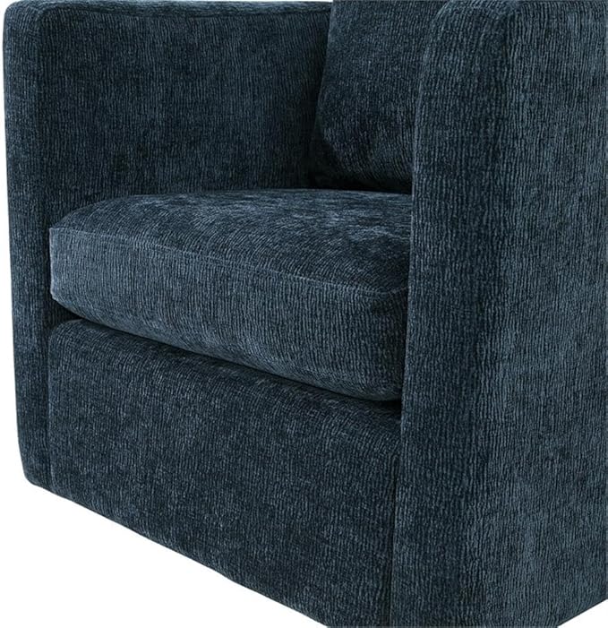 Pemberly Row Modern Navy Blue Fabric Swivel Barrel Accent Chair 32 in x 31.5 in x 31 in Upholstered Polyester Stain-Resistant Reversible Cushions Comfortable for Living Room or Study Use