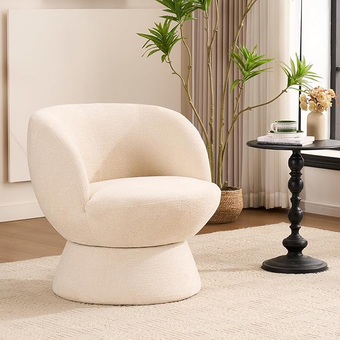 360° Swivel Boucle Bucket Chair Accent Barrel Makeup Vanity Chair Modern Lounge Single Sofa with Padded Armrest for Dining Room Living Room Bedroom and Home Office. (Beige)