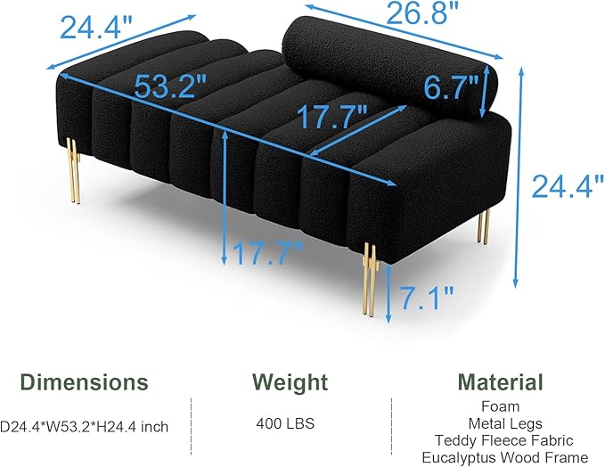 53.2 Modern Loveseat Sofa CouchUpholstered Couch Bench with Golden Legs and Adjustable BackrestSherpa Small Couches for Living Room Bedroom Office (Black)