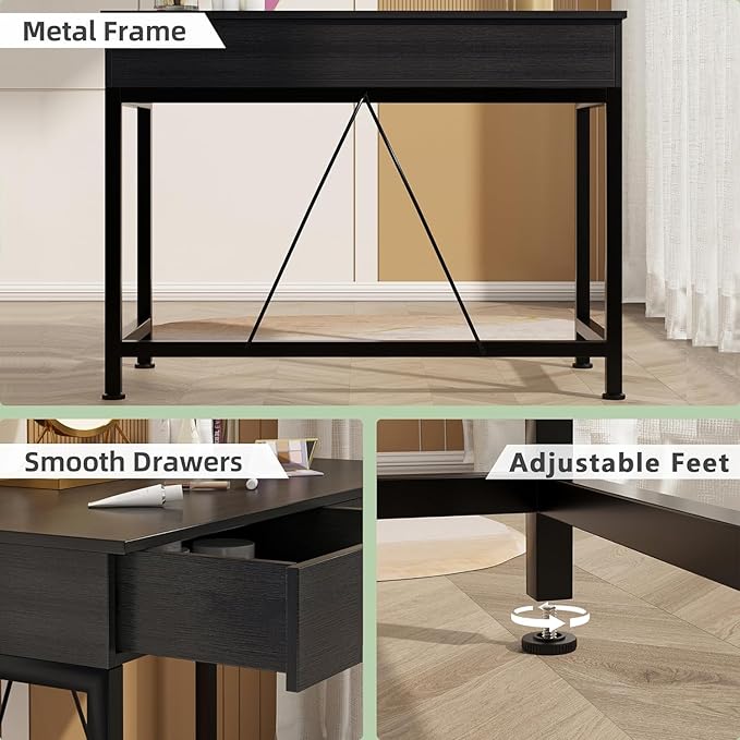 CAIYUN Small Computer Desk with Drawers 39.4 Inch Home Office Desks with Storage Simple Modern Kids Desk Vanity Desk for Bedroom Work Study Writing Desk Table for Small Spaces (Black Wooden)
