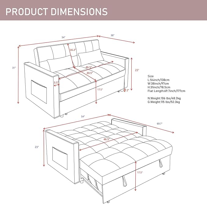 3 in 1 Convertible Sleeper Sofa Futon BedModern Velvet Pull Out Couch Bed with Reclining Backrest&amp2 Pillows54 Full Size Small Love Seat Lounge Couches for Small SpacesLiving Room (Pink)