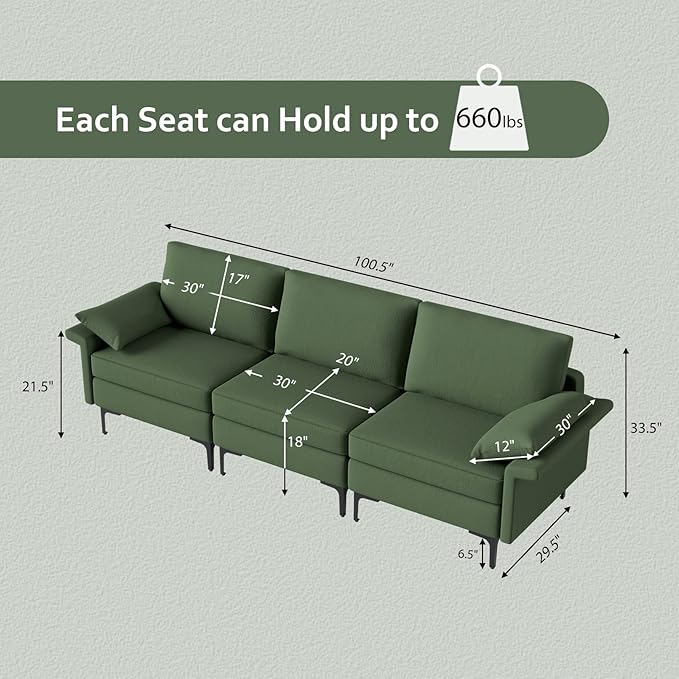 Giantex 3-Seat Sectional Sofa Couch 100.5 L Convertible Sleeper with Removable Armrest Cushion Modern Fabric Upholstered Modular Sofa for Living Room Apartment Dormitory Reception Room Green