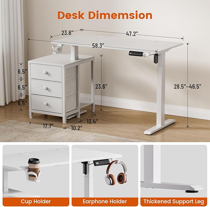 REAHOME Electric Standing Desk with Drawers 47 x 24 Inches Height Adjustable Sit Stand Desk with Storage 3 Memory Preset Home Office Computer Table Printer Cabinet 2 Hooks Cable Management White