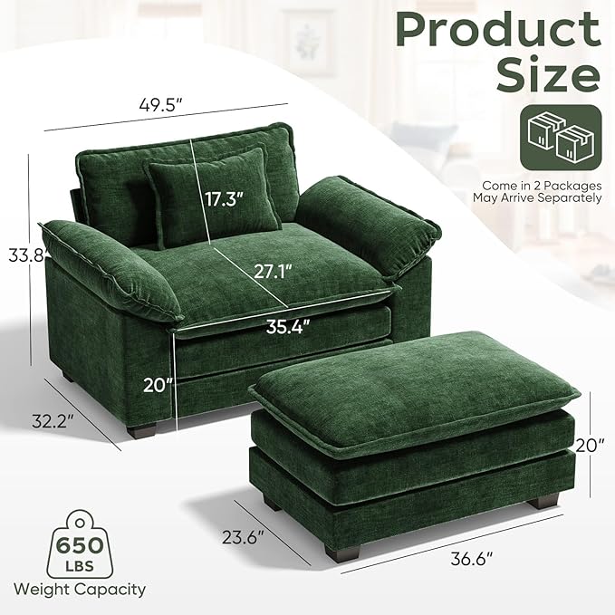 CDCASA Oversized Accent Chair with Ottoman Chenille Comfy Cloud Sofa Chair with Large Seat and Upholstered Armrests Modern Extra Wide Armchair Reading Chairs for Bedroom Living RoomSet of 2Green