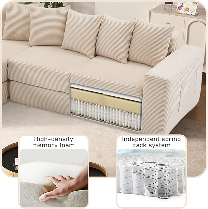 102 Upgraded L-shaped Modular Sectional Couches for Living Room Convertible Oversized Sleeper Sofa Bed-Luxury 1.5 Queen Bed. 11-in-1 Multifunctional Corduroy Boneless Folding Futon Couch Beige.