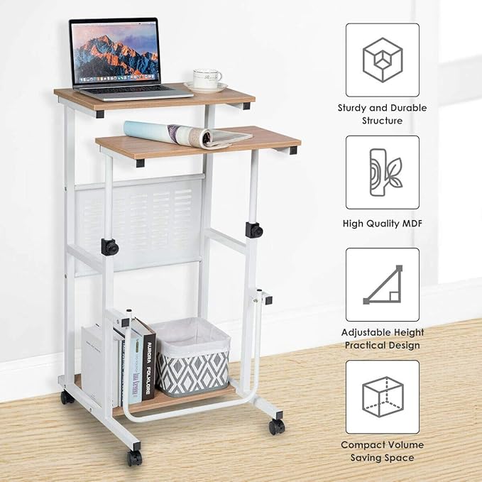 Height Adjustable Sit Stand Desk Home Office Desk with Wheels Rolling Computer Laptop Desk Corner Computer Desk Oak