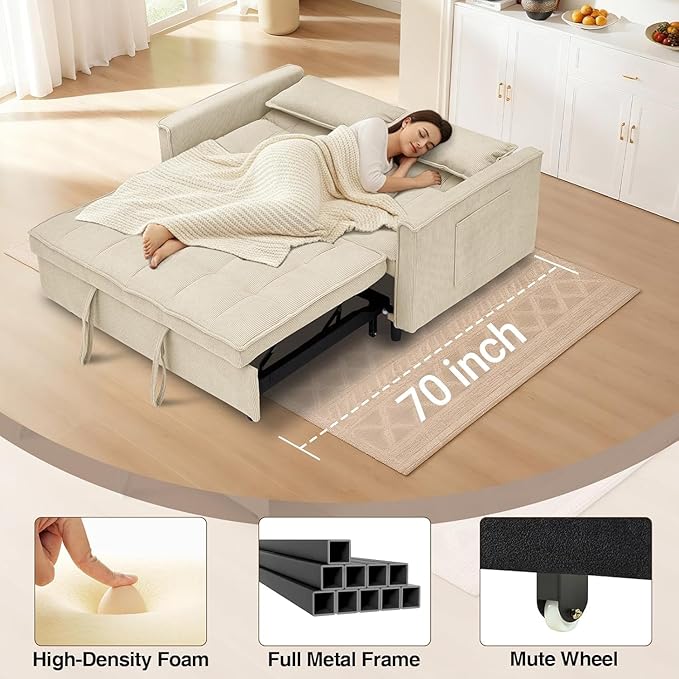 3 In 1 Corduroy Convertible Sofa BedPull Out Couch Bed with Reclining Backrest And 2 Pillows 54 Full Size Loveseat Sleeper Sofa Futon Couch Bed Couches For Small Spaces Living Room (Beige)