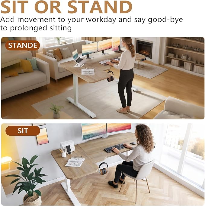 59 L-Shaped Standing Desk Height Adjustable Electric Corner Desk with Wheels Ergonomic Rising Computer Table for Home Office (Nature)