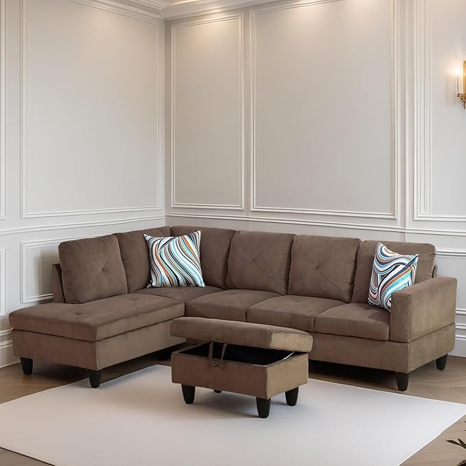 FONTOI L Shaped Sectional Couch Sofa Modern Couches for Living Room Comfy 4 Seat Modular Sectional Sofa with Ottoman Storage for Bedroom Apartment Brown
