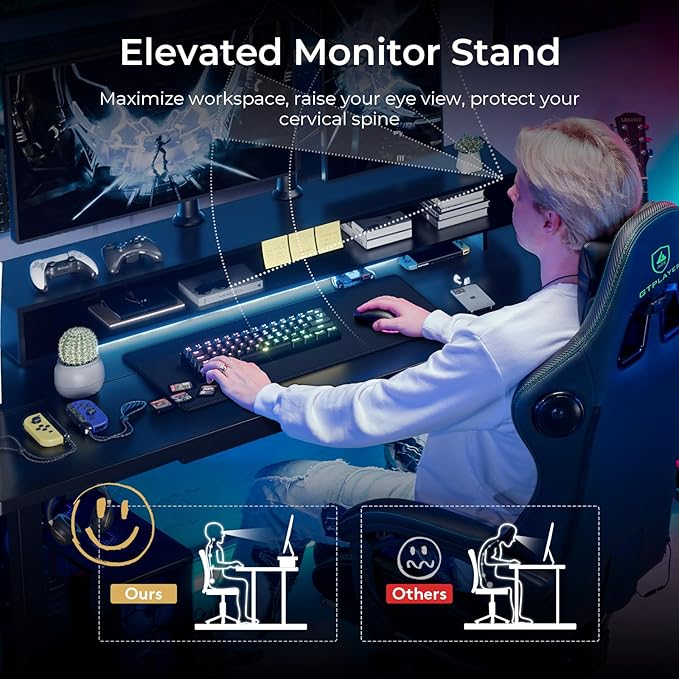 GTPLAYER Electric Standing Desk with Drawers 55 x 24 Inch Height Adjustable Gaming Desk with Monitor Stand Power Outlets &amp LED Lights Home Office Sit Stand Up Desk with Memory Preset (Black)