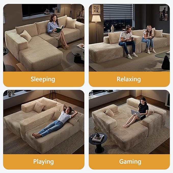 104 L-Shaped Cloud Sectional Sofa with Oversized Chaise Modular 3-Seater Corduroy Couch for Living Room &amp Bedroom Deep Seat No Assembly Required (Camel L Shape with Left FacingChaise)