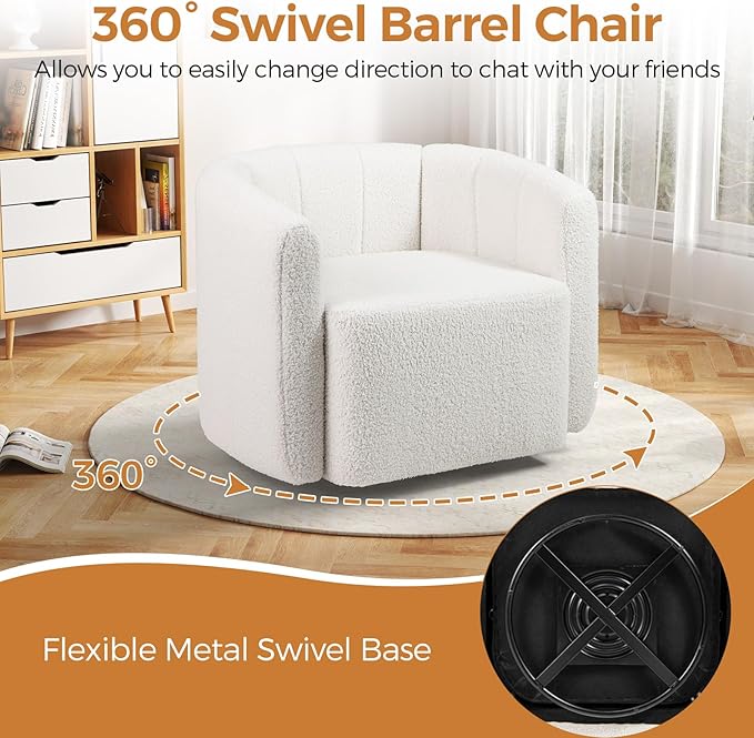 GOFLAME Swivel Barrel Chair Upholstered Sherpa Accent Chair with Curved Backrest &amp Armrests Reading Armchair Modern Club Tub Sofa Chair for Living Room Bedroom Study