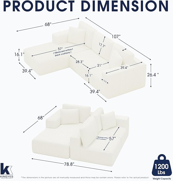 KINGYES 107'' Modular Sectional Sofa L Shaped Cloud Couch for Living Room Modern Plush Corduroy Boneless Sofa with Chaise for Bedroom Beige