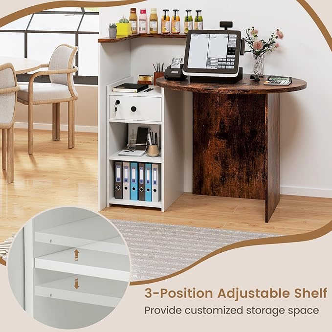 Reception Desk Small Retail Checkout Counter with Lockable Drawer and Open Shelves Wooden Computer Workstation for Home Office Lobby White Oval Desktop &amp Brown Counter