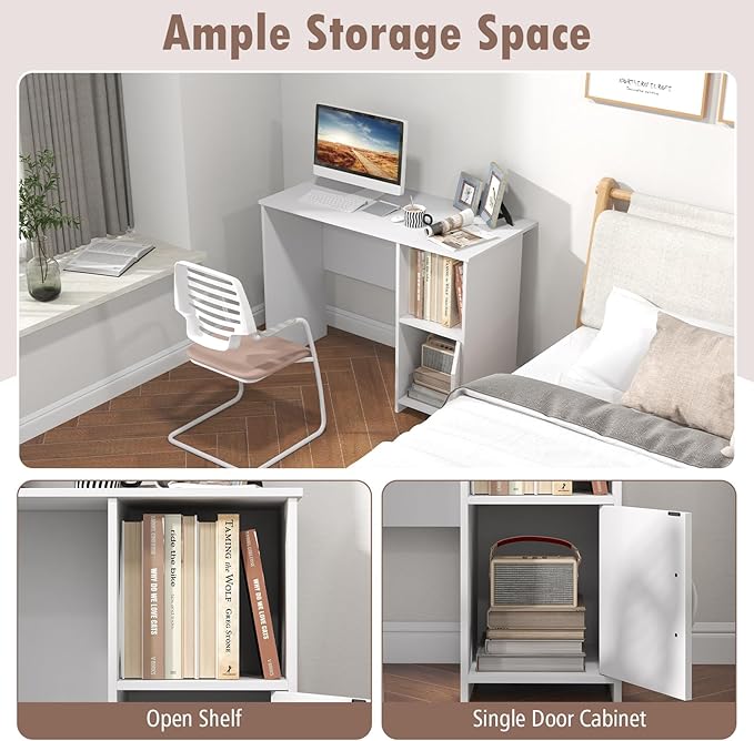 GOFLAME Modern Computer Desk with Cabinet Writing Study Desk with Cable Holes &amp Open Shelf Laptop PC Desk with Storage Compact Computer Workstation for Home Office White