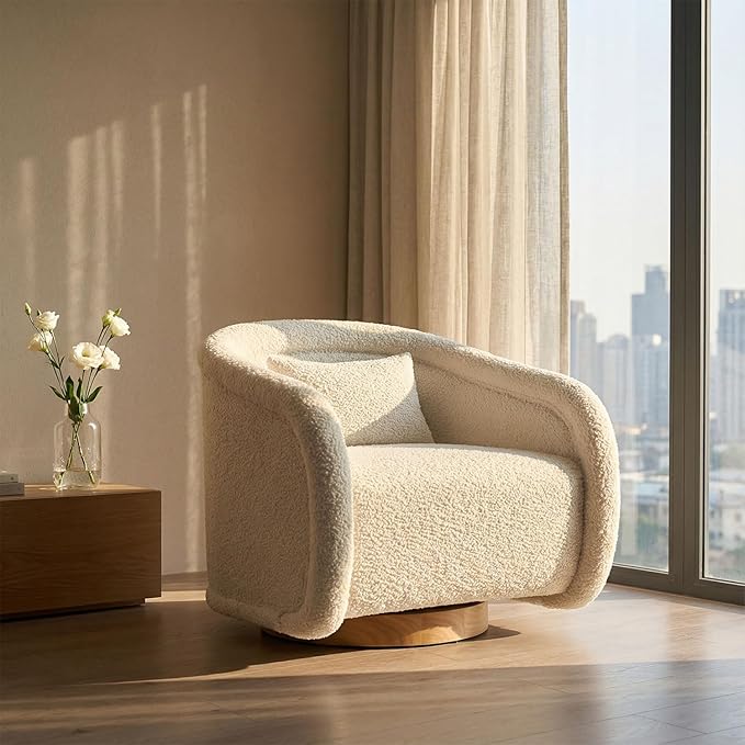 29.92 Modern Curved Sofa Chair360 Degree Swivel Barrel Chair Comfy Teddy Upholstery Pumpkin-Shaped Swivel Accent Chairs Single Sofa Armchair for Living Room BedroomOfficeReading RoomSmall Space