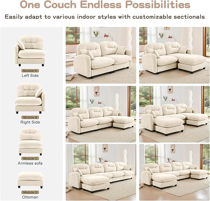 107 Oversized Modular Sectional Sofa Beige Large Sectional Couches for Living Room Chenille Fluffy Sofa Set Cloud 3 Seater Comfy Modular Couches Modern Sofas para Sala