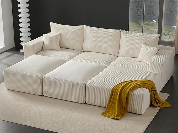 113 Modular Sectional Couch Cloud Boneless Sofa with Deep Seats Upholstered Corduroy Sofa Bed with Loung Chaise 3-Seater Couches for Living Room No Assembly Required Beige