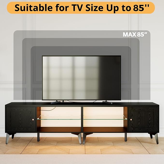 LIKIMIO 2-in-1 TV Stand for 85 Inch TV Black TV Consoles with LED Lights &amp Charging Station Entertainment Center with Storage Cabinets &amp Adjustable Glass Shelves TV Table for Living Room &a