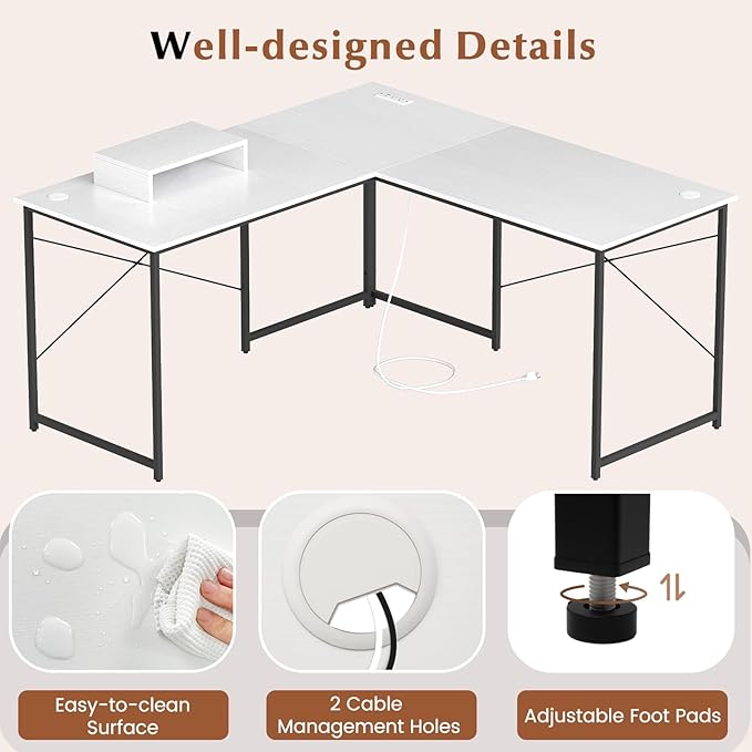 Giantex L Shaped Computer Desk 59 Inch Reversible Corner Desk with Power Outlet and USB Ports &amp Monitor Stand Wooden Writing Desk Gaming Table for Home Office Room Small Space (White)