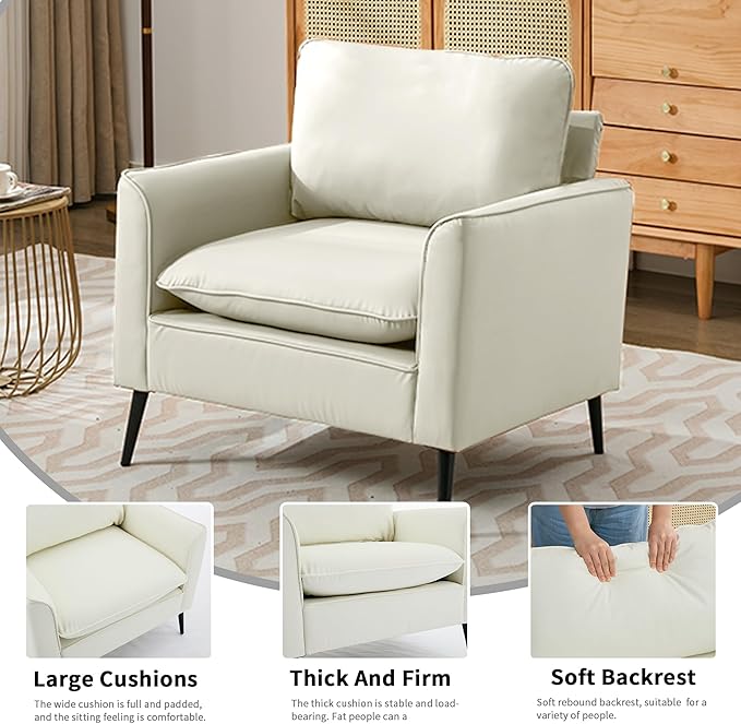 YITAI Modern Accent Living Room ChairsFaux Leather Oversized Single Sofa Chair with Metal Legs Mid Century Comfy Armchair for Bedroom/Office Reading/Lounge/Office/Reception2PCCream