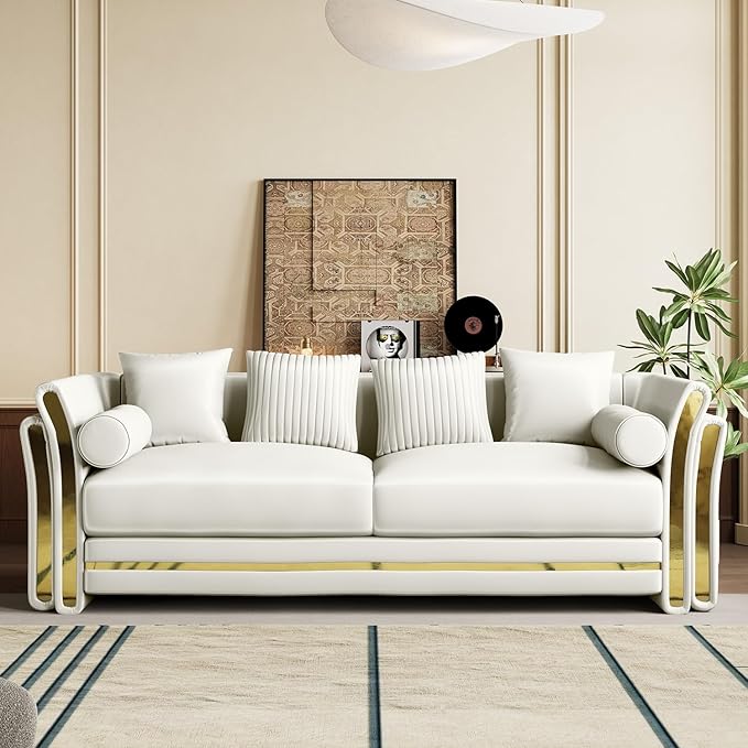 86.7 Luxury Velvet Sofa Chesterfield Tufted Couch Vintage White and Gold Couch Mid Century Victorian Couches for Living Room 3 Seater with 4 Pillows &amp 2 Bolster Pillows Beige White