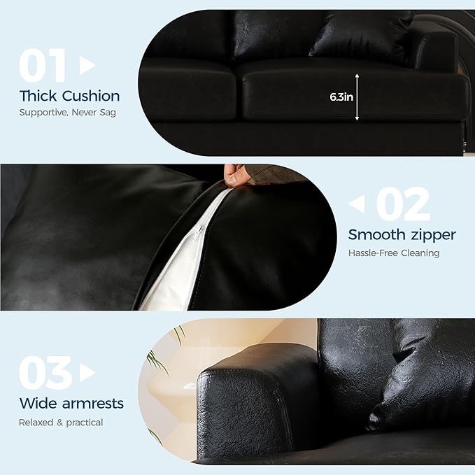 IDEALHOUSE Modern 86 Leather Sofa with 2 Throw Pillows Deep Seat Couch with Upholstered Cushion &amp Removable CoverComfy Faux Leather Sofa Couch for Small Space Apartment Lounge Black