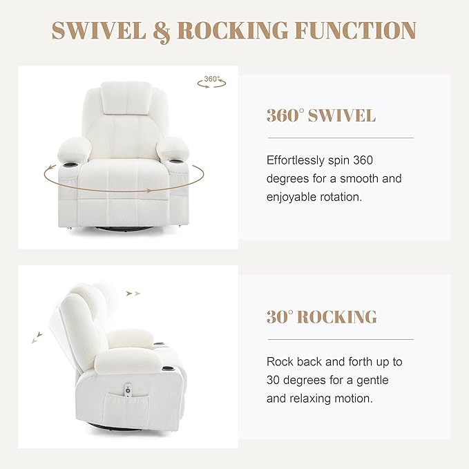 Swivel Rocker Recliner Chair with Heat and Massage Big Oversized Rocking Single Sofa for Living Room 360 Degree Swivel Recliner Chair with Cup Holders and USB Port (Teddy White)