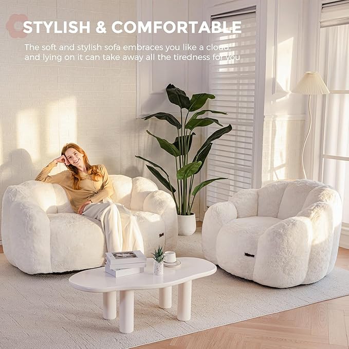 MAXYOYO Bean Bag Chair for Adults Loveseat Floral Shaped Bean Bag Sofa Ultra Soft Love Seat Mini Sofa Couch Faux Fur Reading Chair for Living Room Bedroom Beige