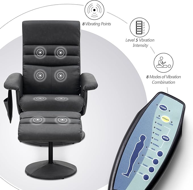 MCombo Recliner with Ottoman Reclining Chair with Massage 360 Swivel Living Room Chair Faux Leather 7902 (Dark Grey)