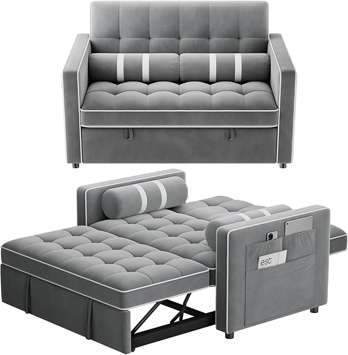 Marsail 3-in-1 Convertible Futon Sleeper Sofa Bed Pull Out Couch with Adjustable Backrest USB Charging &amp Side Pockets Velvet Fabric Sofa for Living Room Apartment Loveseat Grey