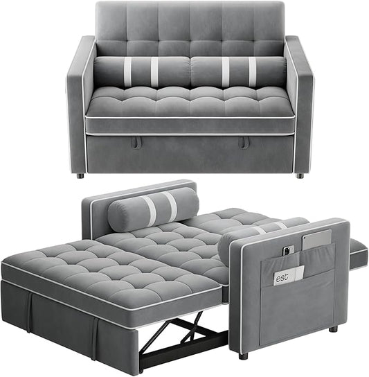 Marsail 3-in-1 Convertible Futon Sleeper Sofa Bed Pull Out Couch with Adjustable Backrest USB Charging &amp Side Pockets Velvet Fabric Sofa for Living Room Apartment Loveseat Grey