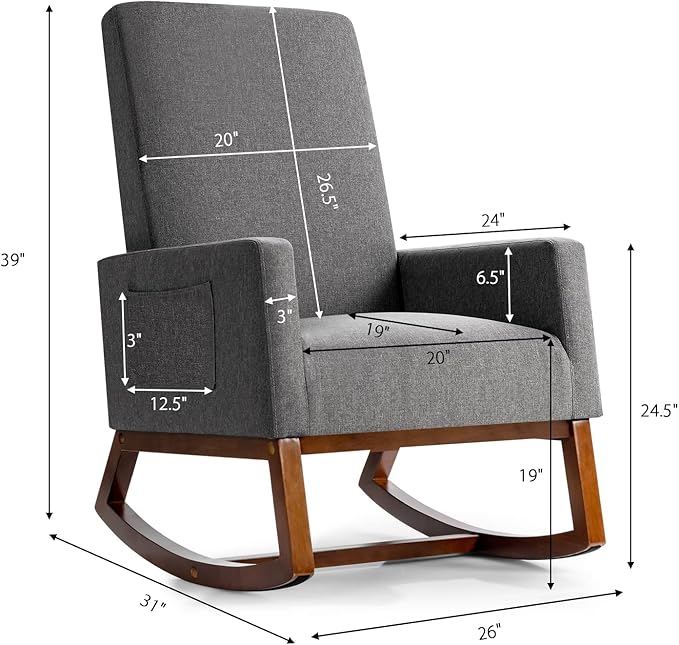 Giantex Upholstered Rocking Chair Modern Fabric Armchair w/Wood Base Side Pocket Linen Padded Seat High Back Accent Glider Rocker Chair Mid-Century Leisure Chair for Nursery Living Room (Gray)