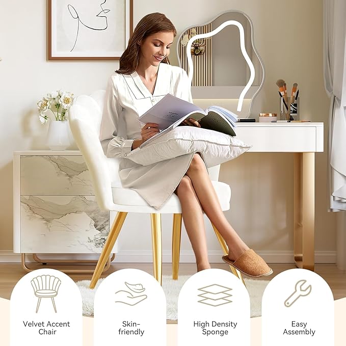 Hatchsun Velvet Accent Chair with Gold Metal Legs Shell Back Vanity Chair for Makeup Room Bedroom Living Room Beige Upholstered Guest Chair 26x31.6 Inches 260 lbs Capacity (White)