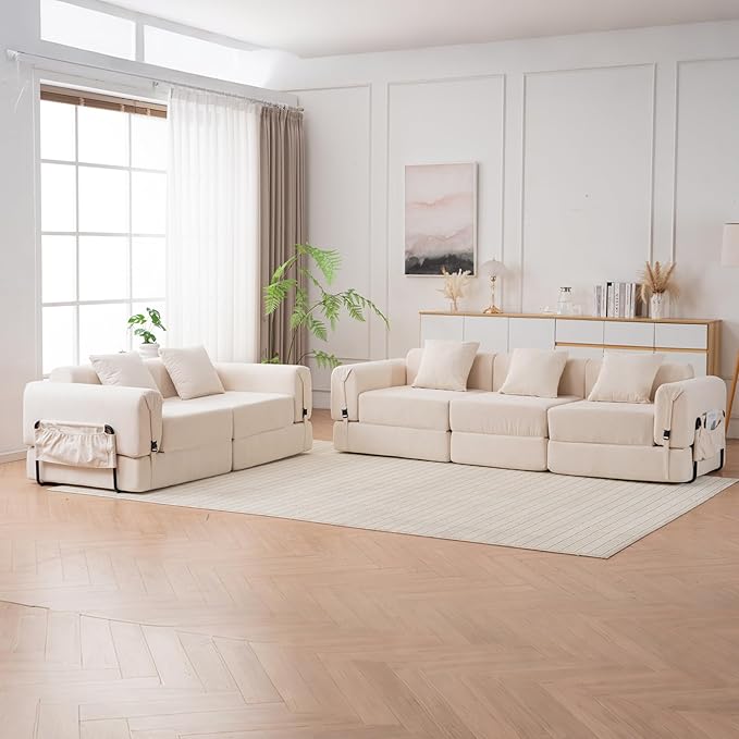 Oversized Cloud Modular Sectional Couch 3-in-1 Modular Floor Sofa with Deep Seat 3-Seater Folding Sofa Bed with 3 Pillows Large Sectional Couches for Living Room No Assembly Required Beige