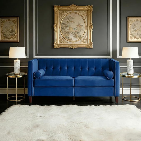 Dreamsir 58'' W Velvet Sofa Mid-Century Modern Love Seats Sofa Furniture with Two Bolster Pillows Button Tufted Couch for Living Room Easy Assembly (Loveseat Blue)