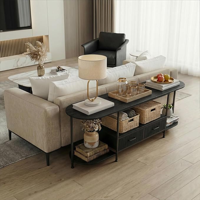 63 TV Stand for TVs up to 75 Inches Curved Edge Media Console &amp Entertainment Center with 2 Fabric Drawers Modern TV Console Table for Living Room or Bedroom Black
