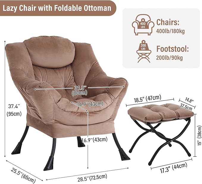 Lazy Chair with Ottoman Modern Accent Chair with Armrests and a Side Pocket Velvet Khaki Accent Chairs Reading Chairs Oversized Armchairs for Bedroom Study Living Room Courtyard