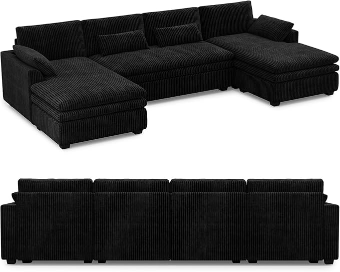 Belffin Large Modular Sectional Sofa with Double Deep Chaise 135 Corduroy U Shaped Sectional Couch with 9 Soft Dual-Layer 6 Seats U Shaped Couch for Living Room Apartment Black
