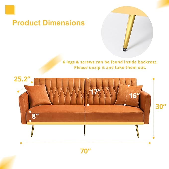 2 Pieces Velvet Sofa Set with Adjustable Armrest and Backrest 70” Convertible Futon Sofa Bed &amp Mordern Accent Chair with Ottoman for Living Room Bedroom Orange