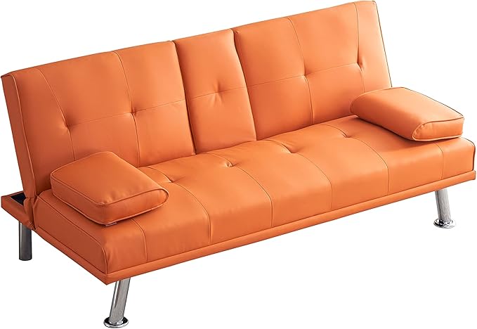 70 Futon Sofa BedMultifunctional Convertible Folding Futon Sofa Bed with Coffee Table 3 Adjustable Reclining Sleeper Sofa Small Leather Couch for Living Room/Bedroom Small Spaces (Orange)