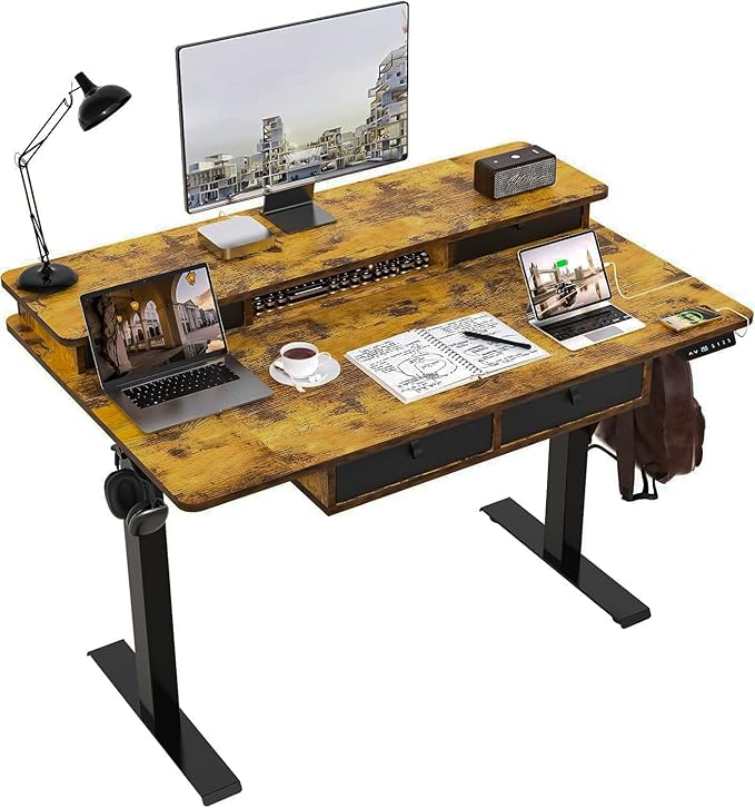 48 * 30 Inches Electric Standing Widened Desk Adjustable Height with 4 Drawers Double Storage Shelves Stand Up Desk Home Office Workstation Sit Stand up Desk (Rustic Brown)