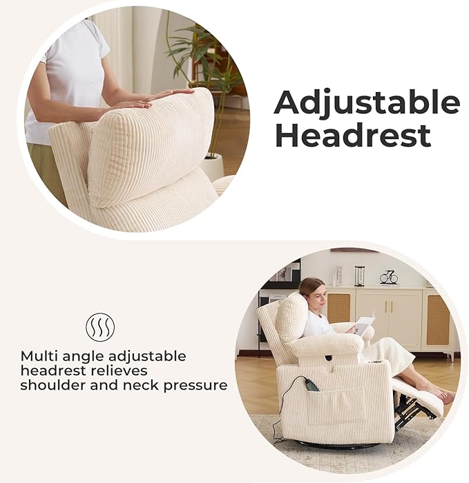 Power Recliner with Adjustable Armrests Rocking Chair Nursery with Massage and Heat Electric Glider Recliner Nursing Chair for Breastfeeding Swivel Rocker Recliner Corduroy Beige