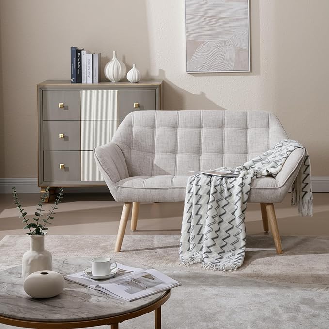 48 Small Loveseat for Small Spaces Upholstered Linen Loveseat Sofa Mid Century Modern Mini Couch with Armrest and Wood Legs for Bedroom Living Room Apartment Beige