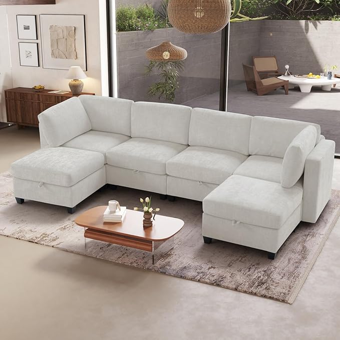 6 Seat Modular Sectional Sofa with Storage Convertible Sectional Couch Modular Sofa with Chaise Living Room Furniture Sets U Shaped Couch with Ottoman Couches for Living Room Beige Textured