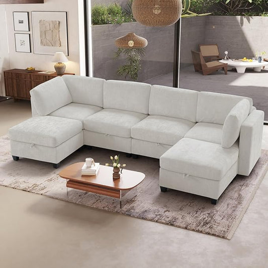 6 Seat Modular Sectional Sofa with Storage Convertible Sectional Couch Modular Sofa with Chaise Living Room Furniture Sets U Shaped Couch with Ottoman Couches for Living Room Beige Textured