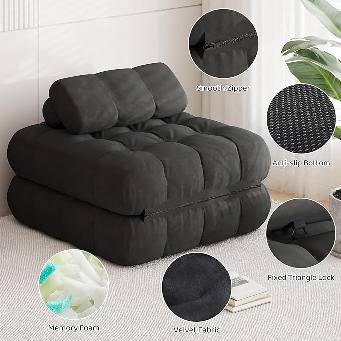 3-in-1 Folding Futon Sofa Bed 35.4 Convertible Sleeper Chair Bed with Pillow Portable Fold Out Boneless Couch Lounge Comfy Velvet Floor Mattress for Living Room Bedroom - Black Single