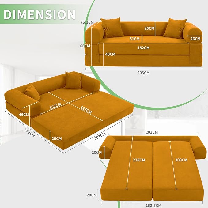 4-in-1 Folding Convertible Sofa Bed 80 Inch Corduroy Upholstered Boneless Couch Loveseat Sleeper with Pull Out Bed Floor Sofa Modular Futon Teddy Sofa for Living Room Bedroom Lounge Yellow